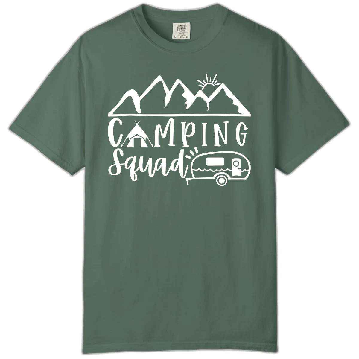 Camping squad adventure design with mountains, sun, tent, and RV trailer in white line art style on gray background in Blue Spruce