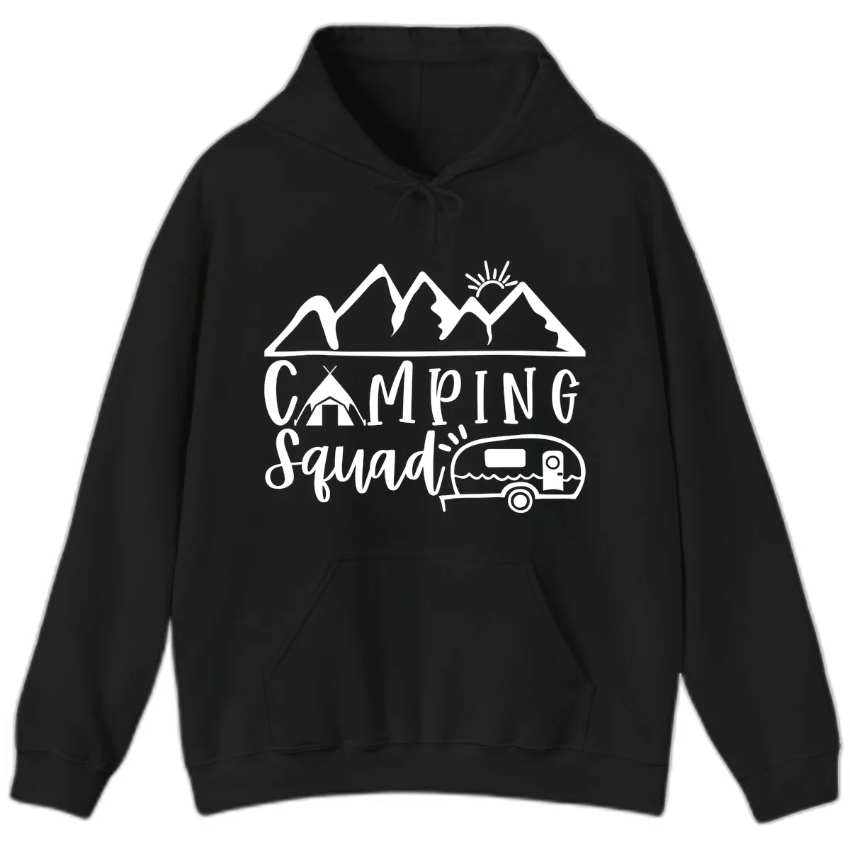 Camping squad adventure design with mountains, sun, tent, and RV trailer in white line art style on gray background in Black