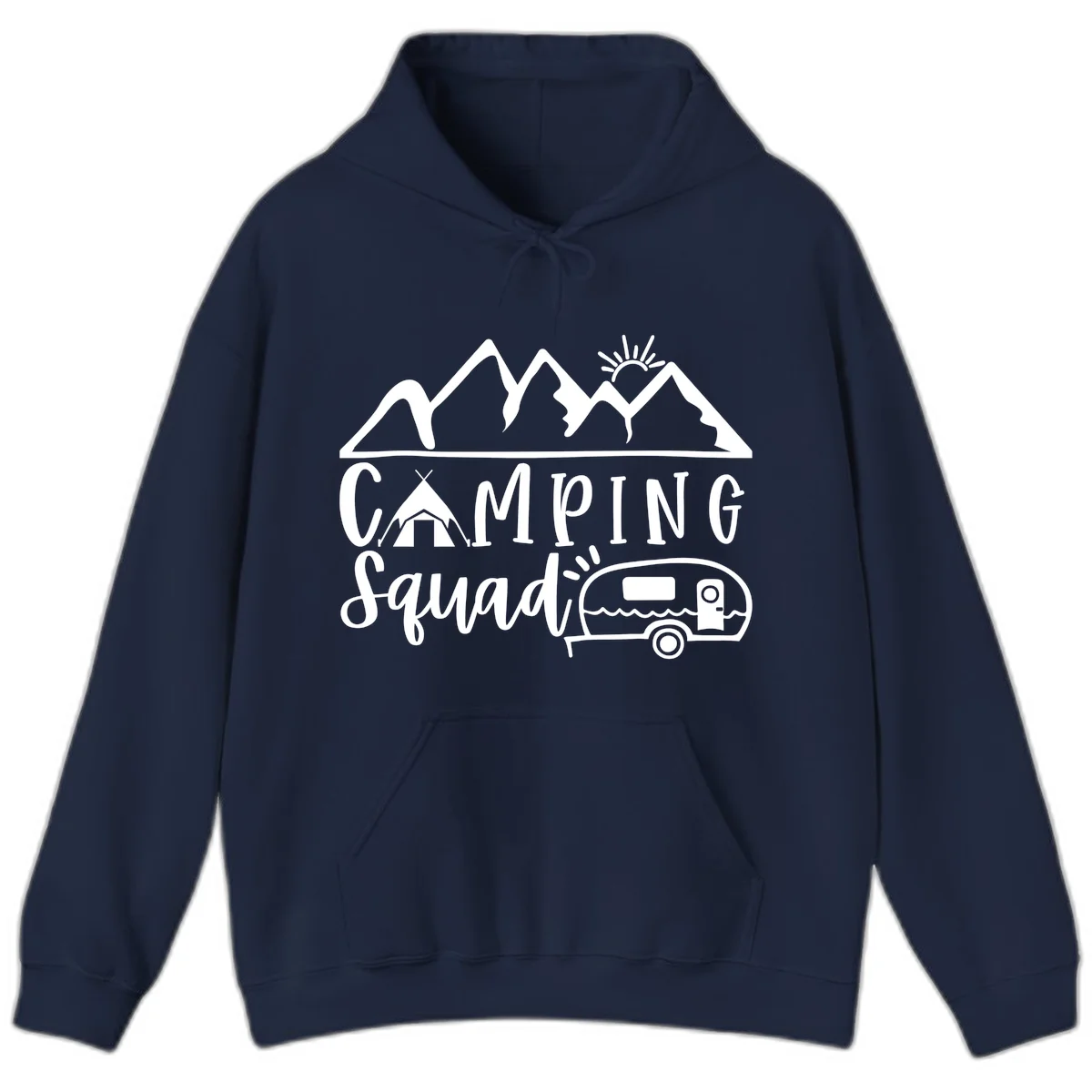 Camping squad adventure design with mountains, sun, tent, and RV trailer in white line art style on gray background in Navy
