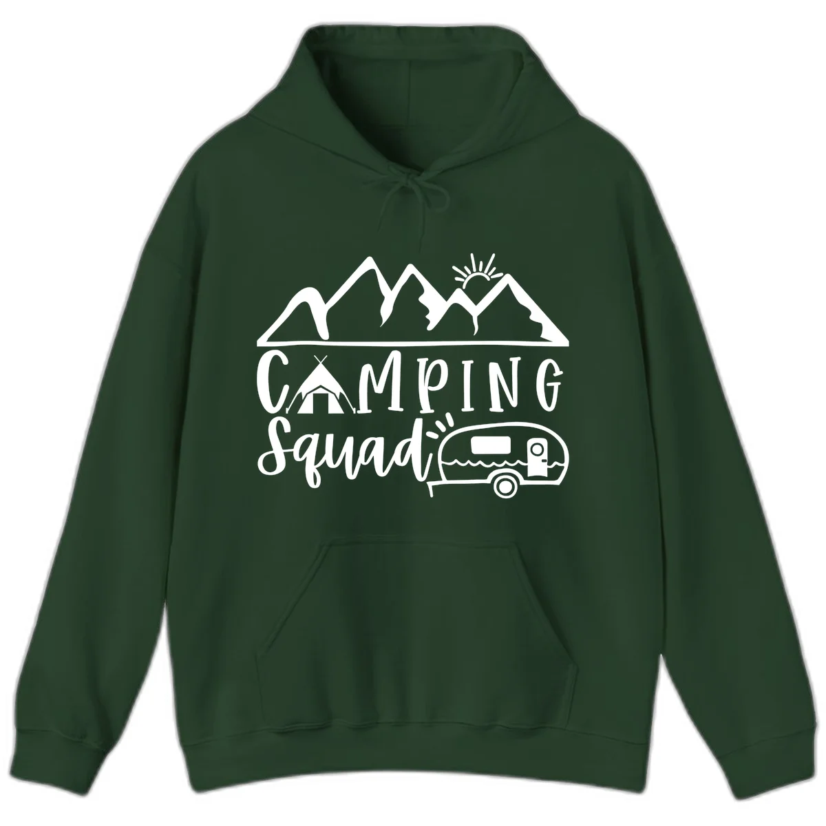 Camping squad adventure design with mountains, sun, tent, and RV trailer in white line art style on gray background in Forest Green