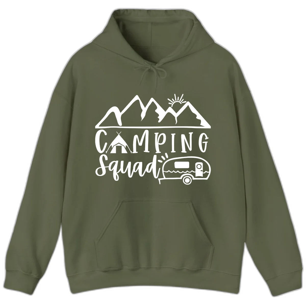 Camping squad adventure design with mountains, sun, tent, and RV trailer in white line art style on gray background in Military Green