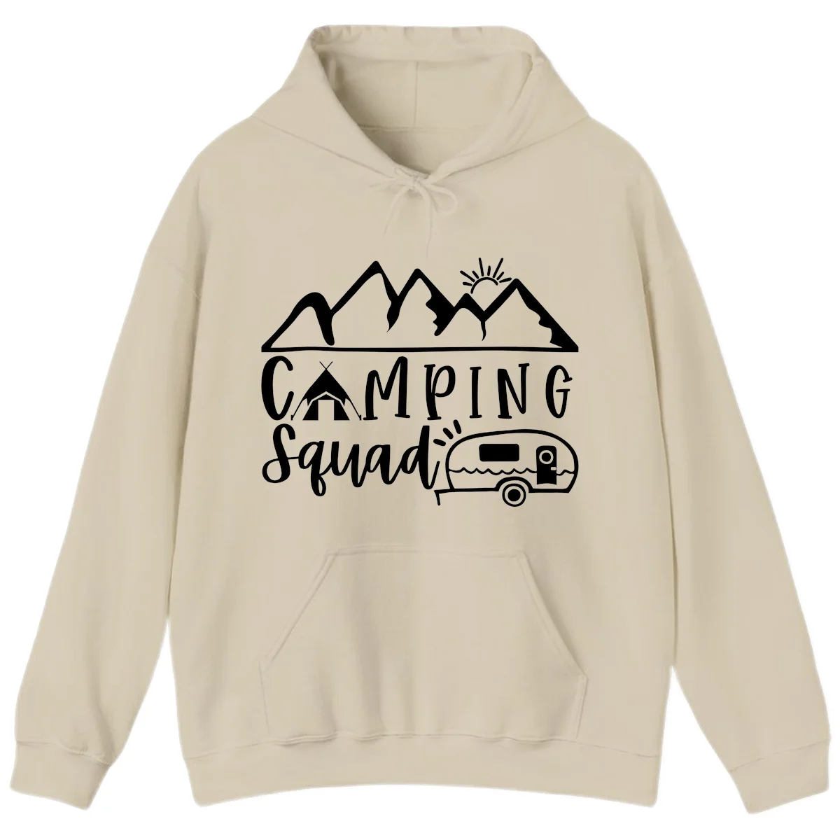 Camping squad adventure design with mountains, sun, tent, and RV trailer in white line art style on gray background in Sand