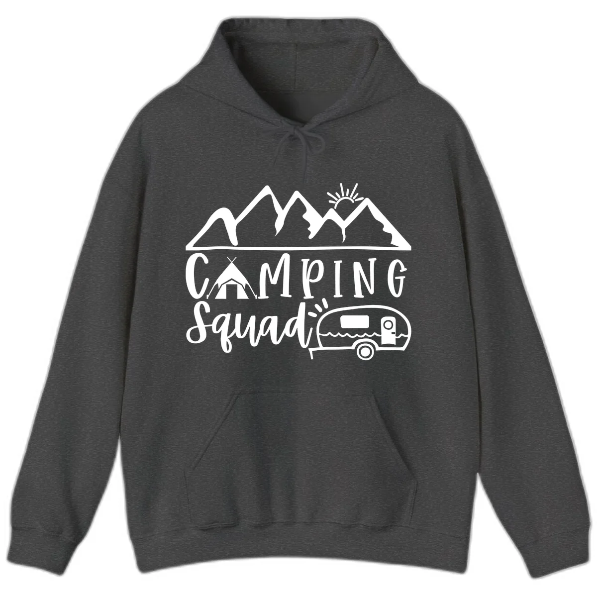 Camping squad adventure design with mountains, sun, tent, and RV trailer in white line art style on gray background in Dark Heather