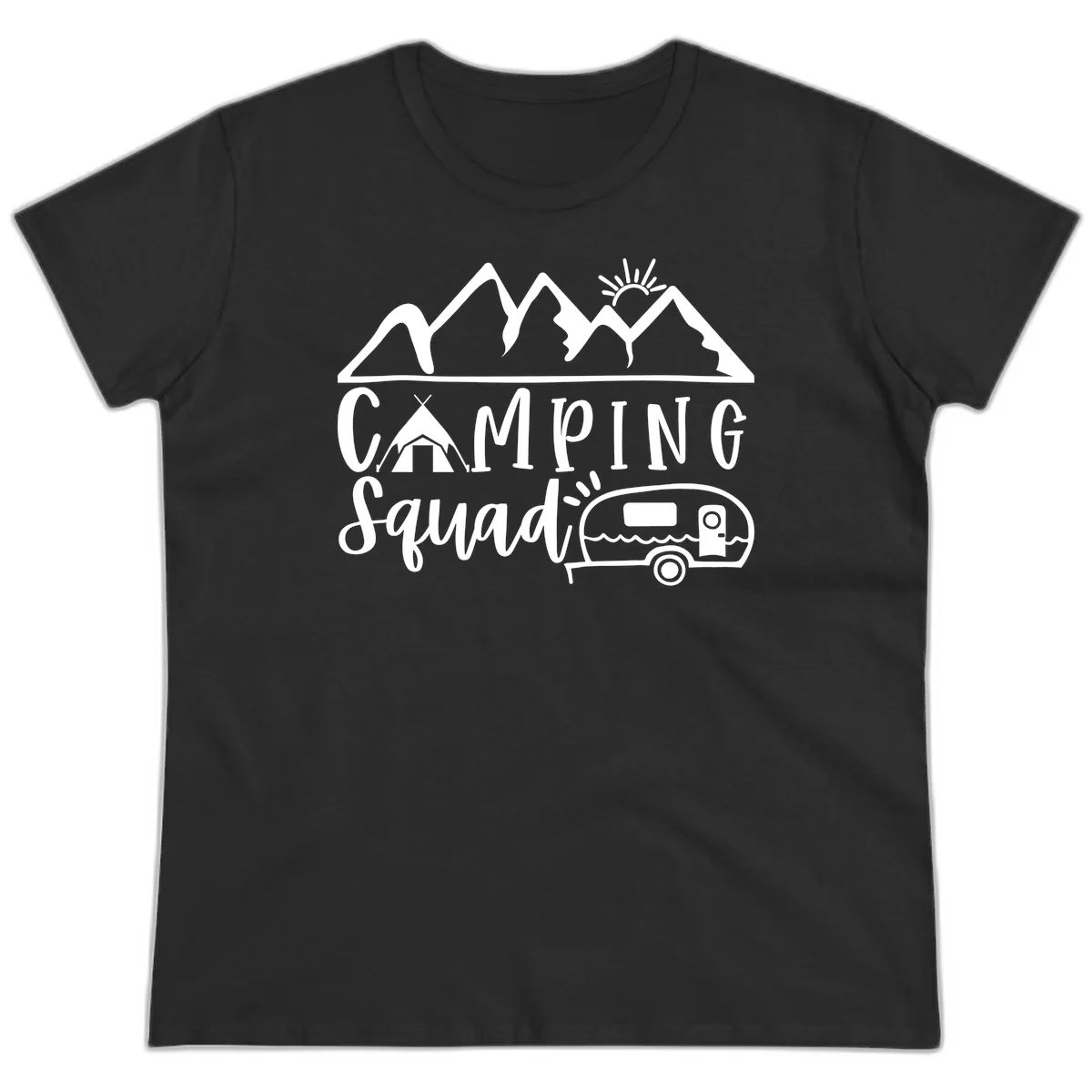 Camping squad adventure design with mountains, sun, tent, and RV trailer in white line art style on gray background in Black