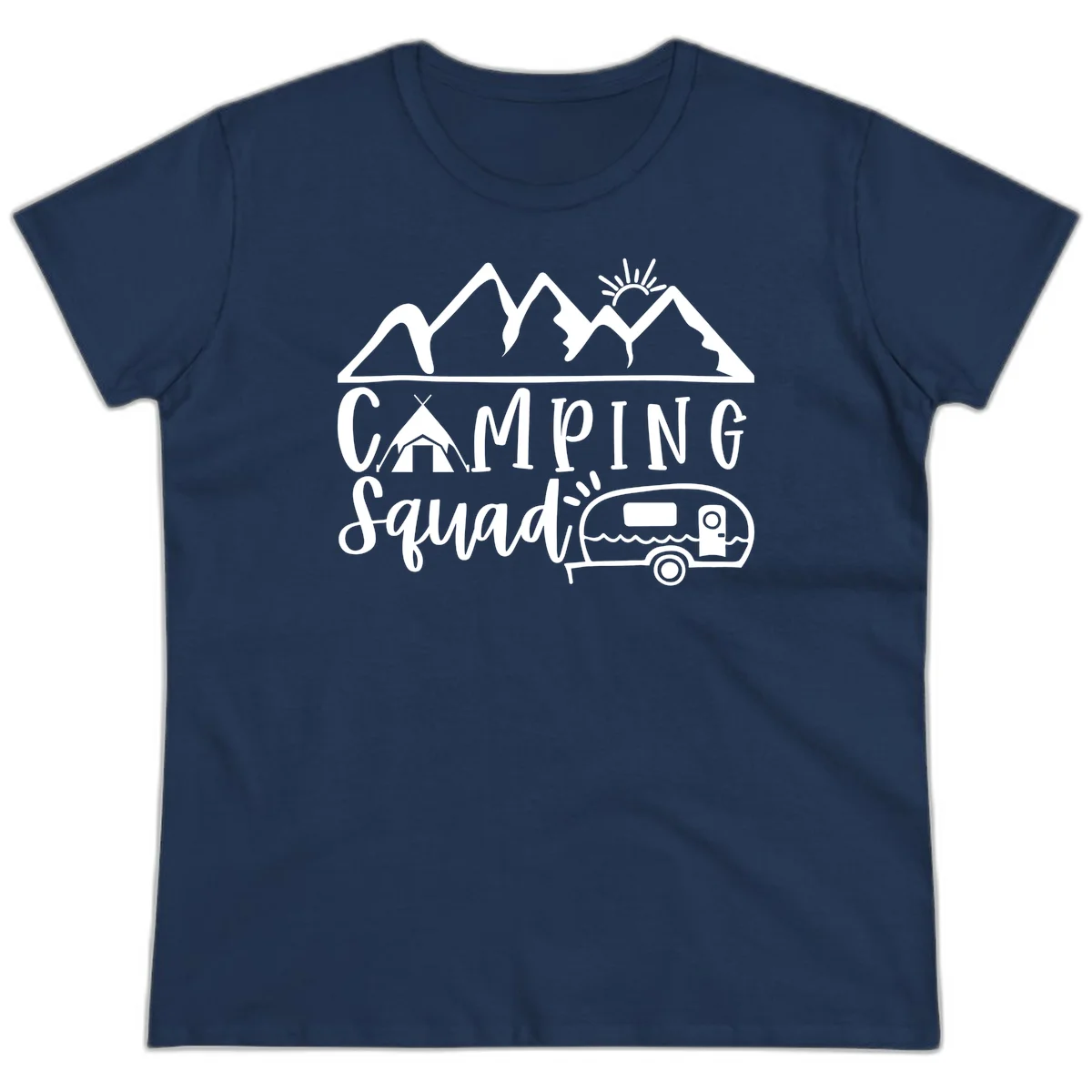 Camping squad adventure design with mountains, sun, tent, and RV trailer in white line art style on gray background in Navy