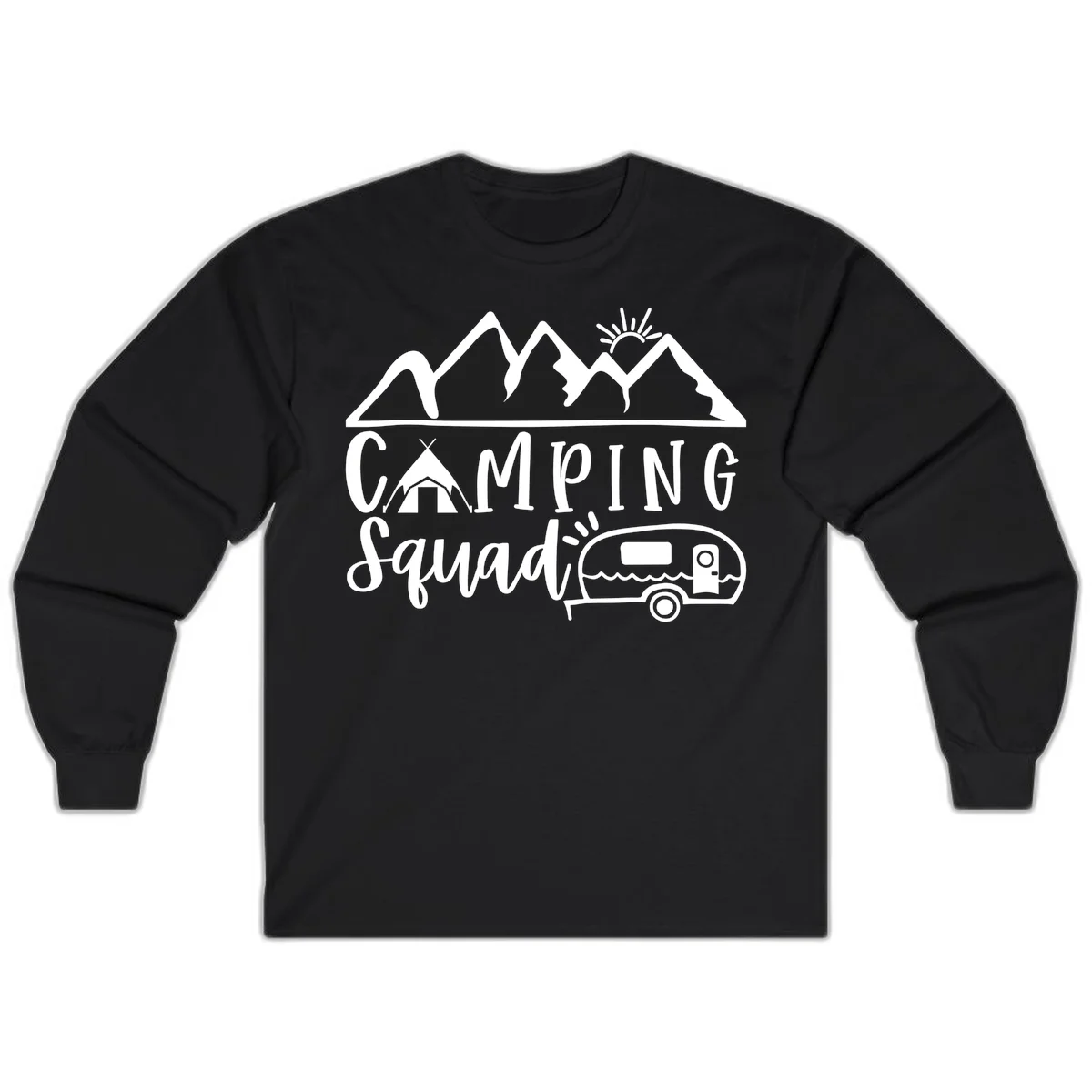 Camping squad adventure design with mountains, sun, tent, and RV trailer in white line art style on gray background in Black