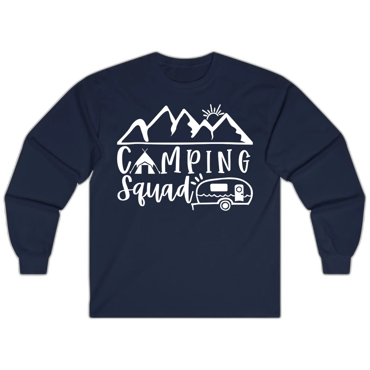 Camping squad adventure design with mountains, sun, tent, and RV trailer in white line art style on gray background in Navy
