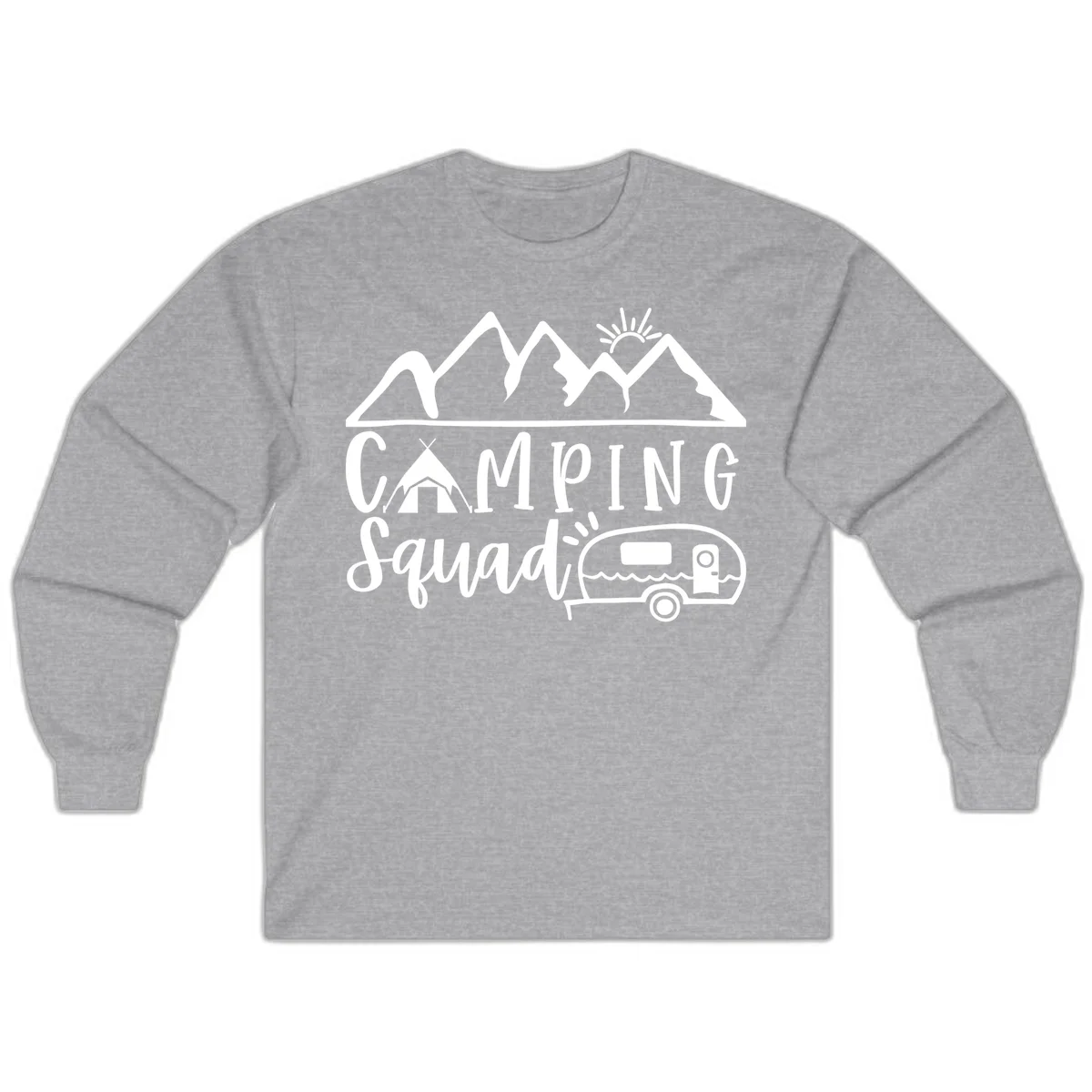 Camping squad adventure design with mountains, sun, tent, and RV trailer in white line art style on gray background in Sport Grey