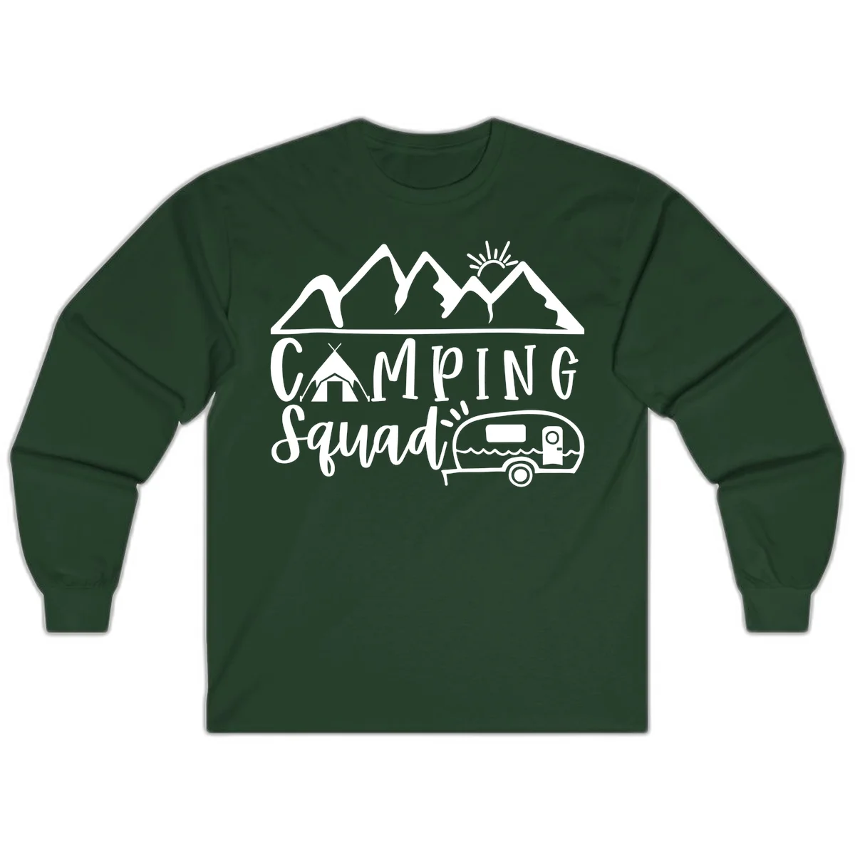Camping squad adventure design with mountains, sun, tent, and RV trailer in white line art style on gray background in Forest Green