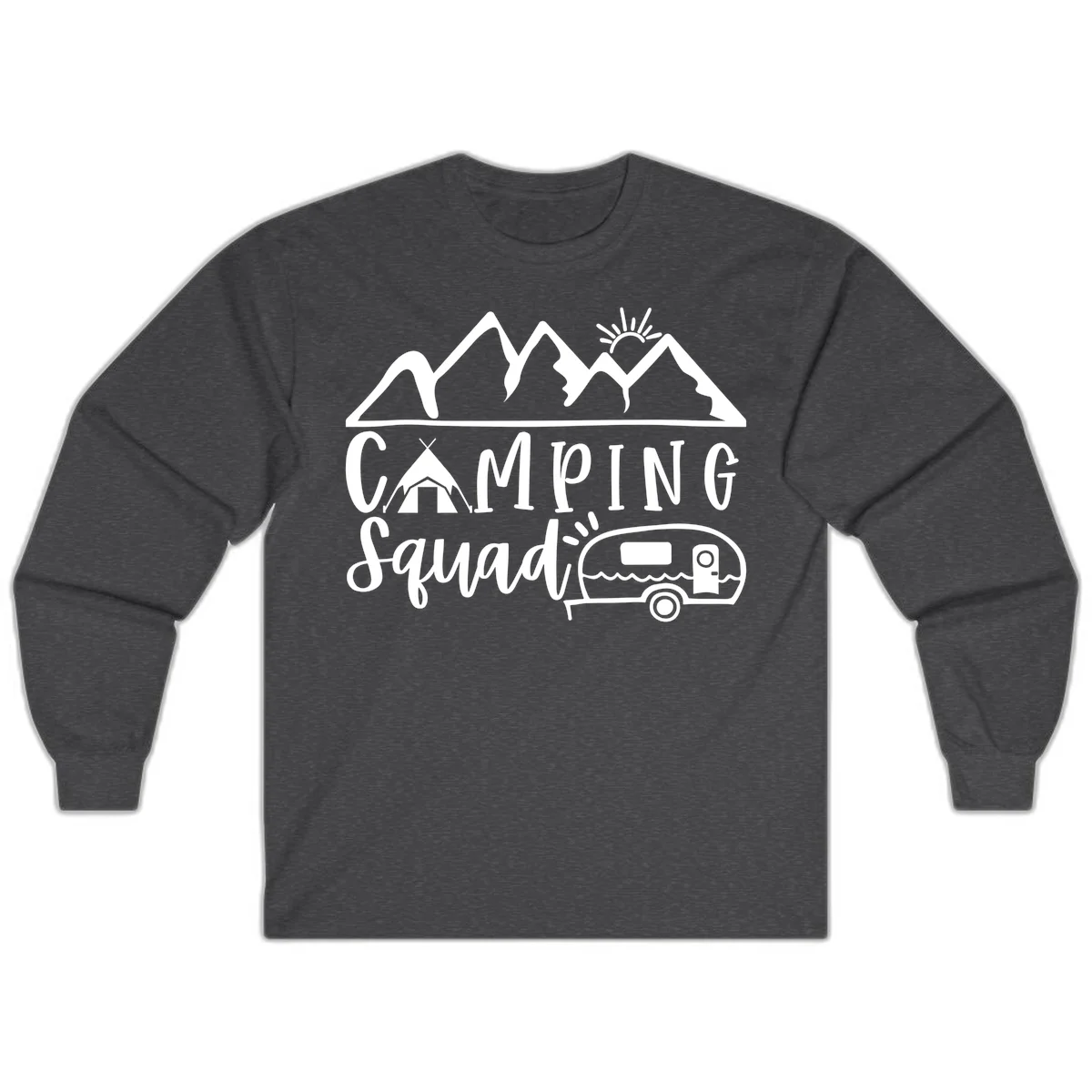 Camping squad adventure design with mountains, sun, tent, and RV trailer in white line art style on gray background in Dark Heather