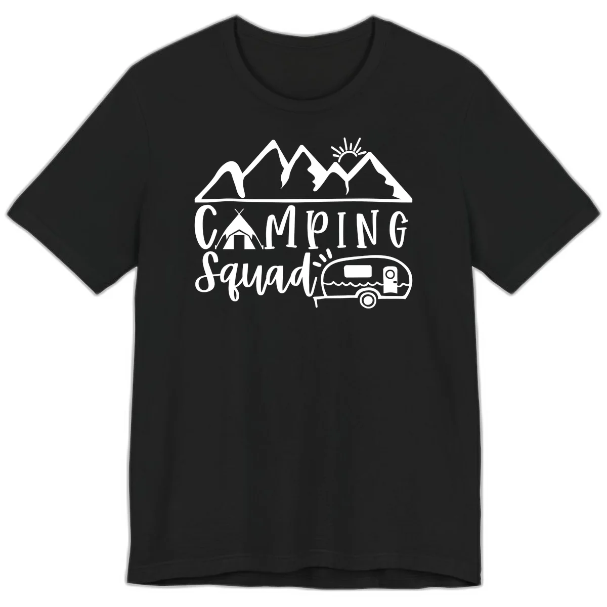 Camping squad adventure design with mountains, sun, tent, and RV trailer in white line art style on gray background in Black