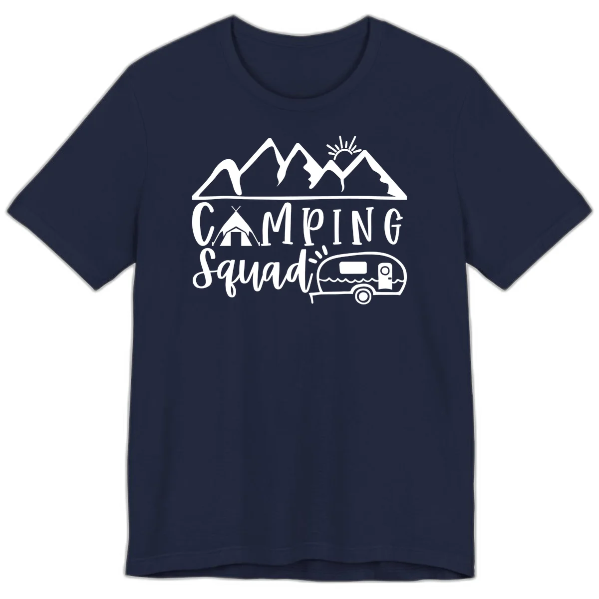 Camping squad adventure design with mountains, sun, tent, and RV trailer in white line art style on gray background in Navy