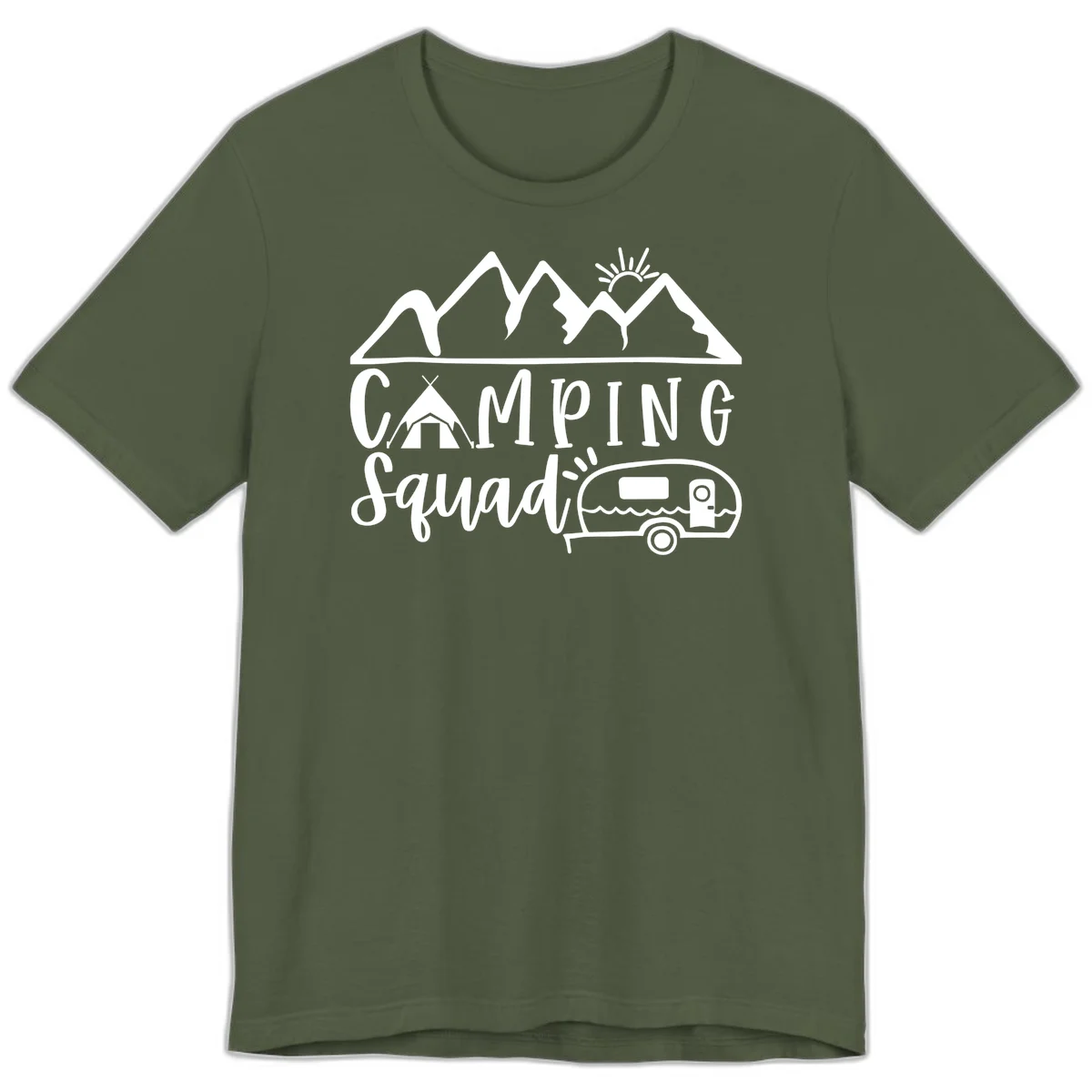Camping squad adventure design with mountains, sun, tent, and RV trailer in white line art style on gray background in Military Green