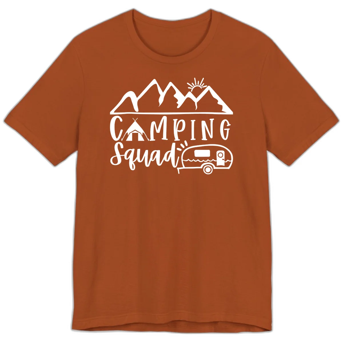 Camping squad adventure design with mountains, sun, tent, and RV trailer in white line art style on gray background in Autumn