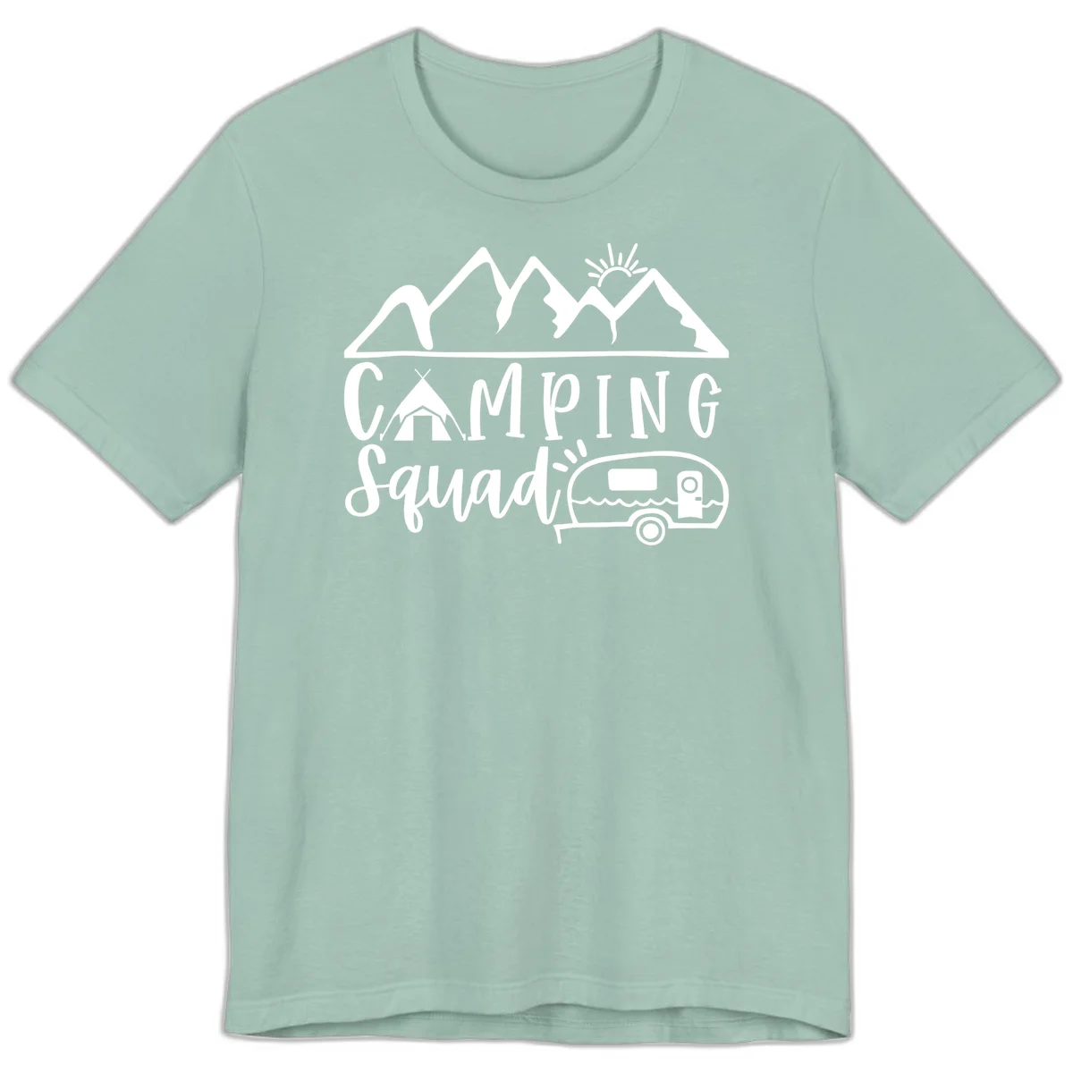 Camping squad adventure design with mountains, sun, tent, and RV trailer in white line art style on gray background in Dusty Blue