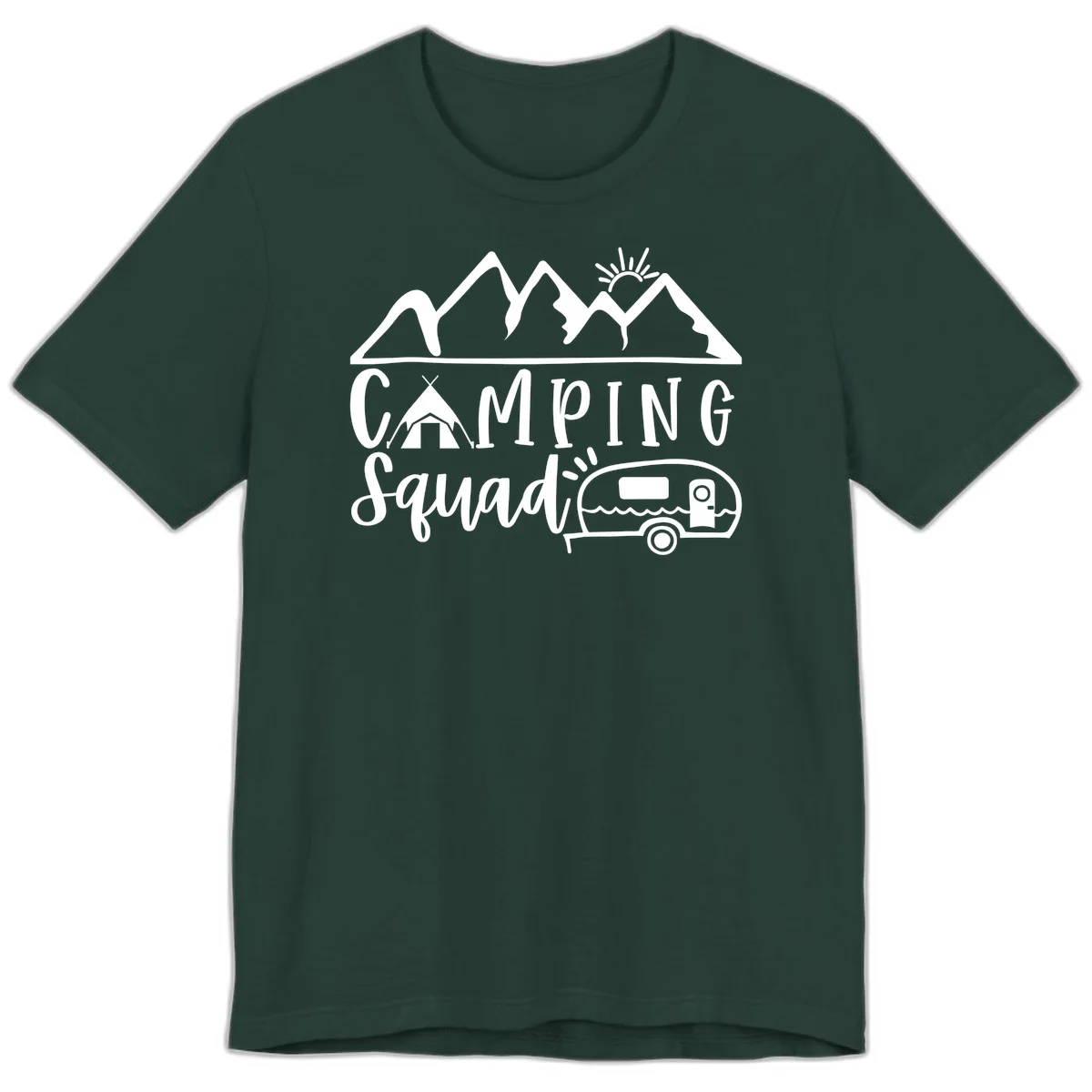 Camping squad adventure design with mountains, sun, tent, and RV trailer in white line art style on gray background in Forest
