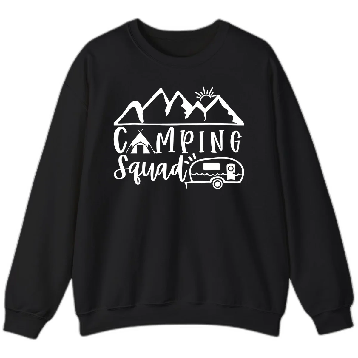 Camping squad adventure design with mountains, sun, tent, and RV trailer in white line art style on gray background in Black