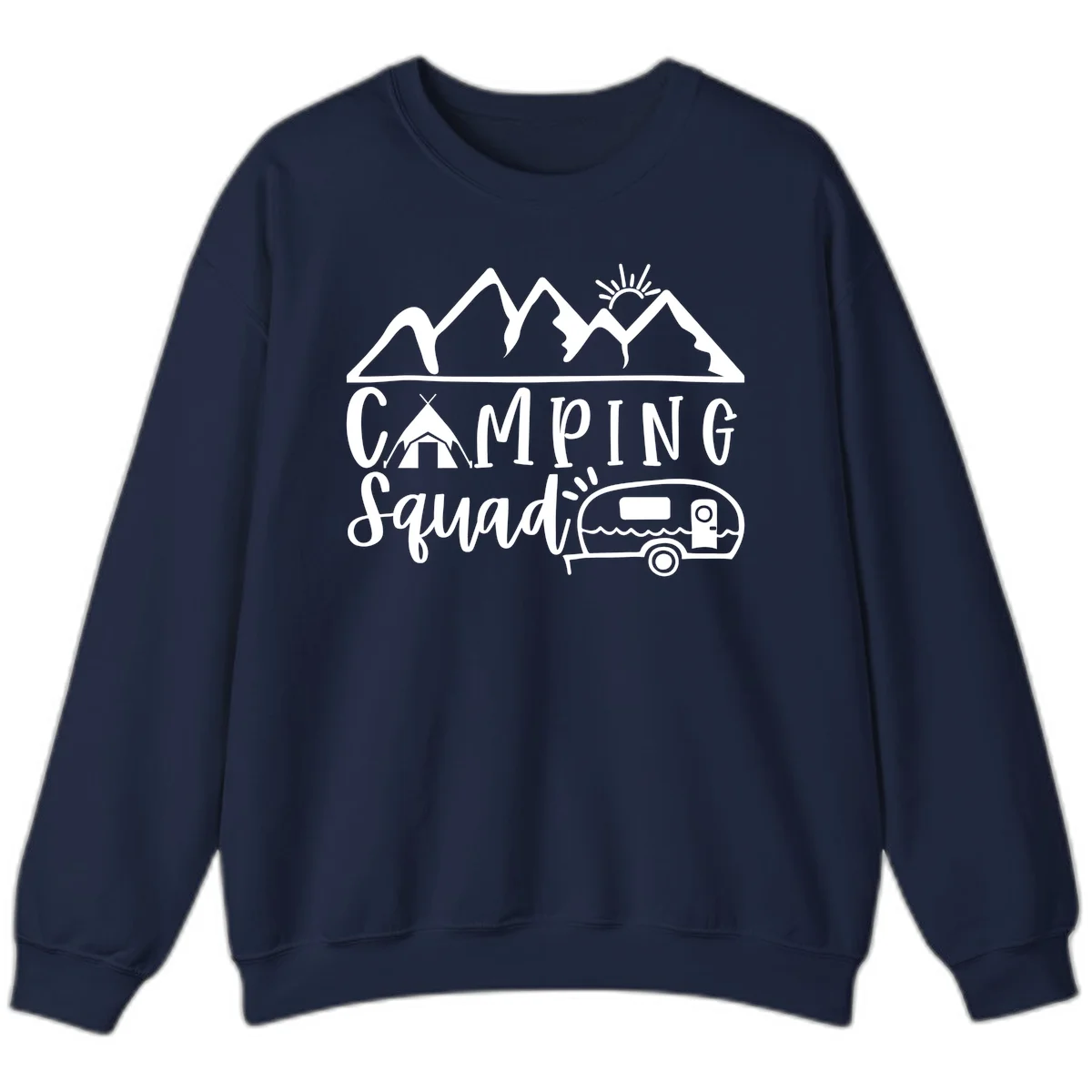 Camping squad adventure design with mountains, sun, tent, and RV trailer in white line art style on gray background in Navy