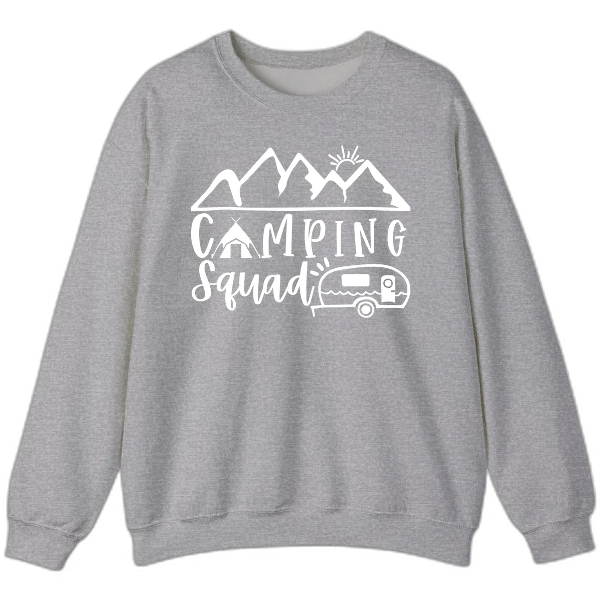 Camping squad adventure design with mountains, sun, tent, and RV trailer in white line art style on gray background in Sport Grey