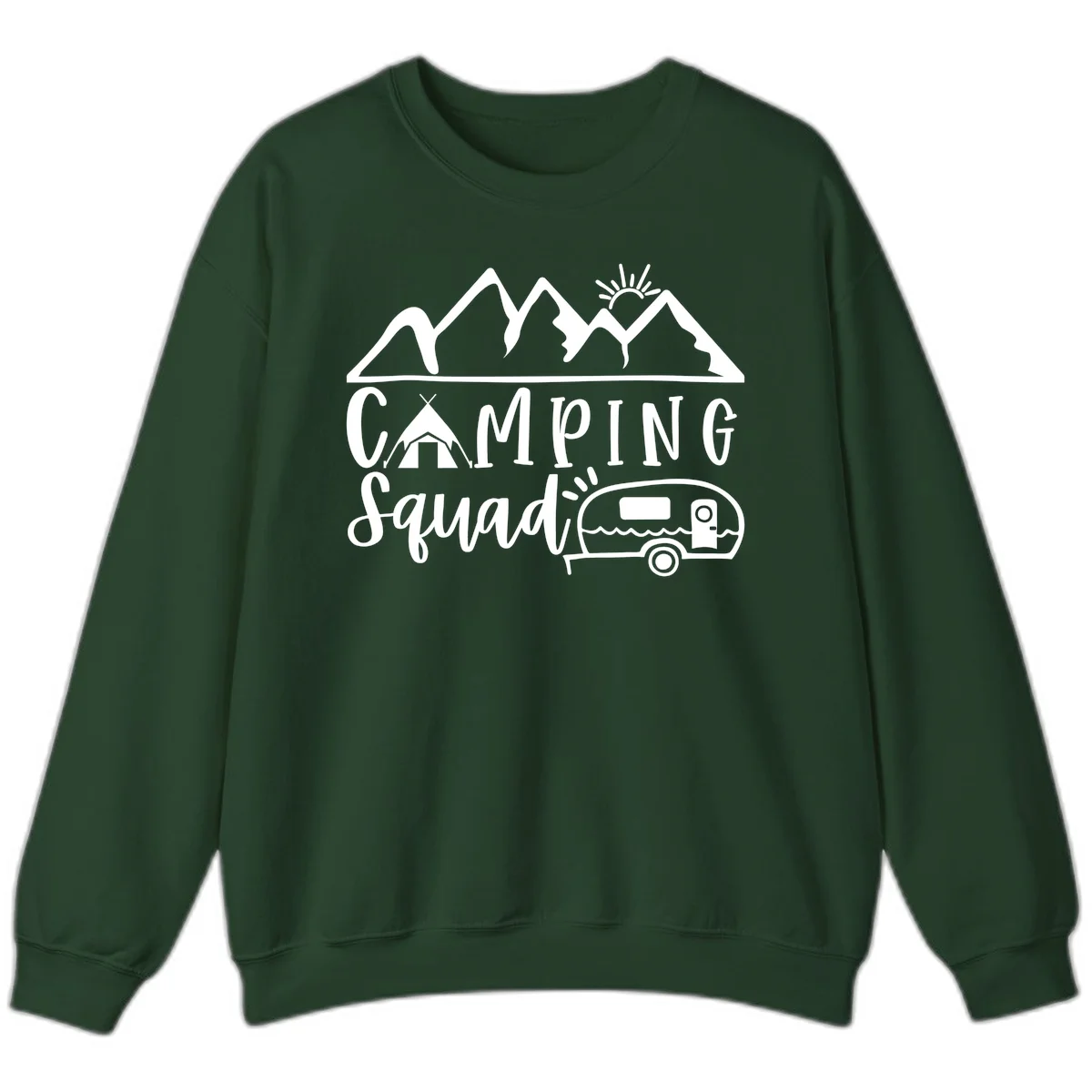 Camping squad adventure design with mountains, sun, tent, and RV trailer in white line art style on gray background in Forest Green