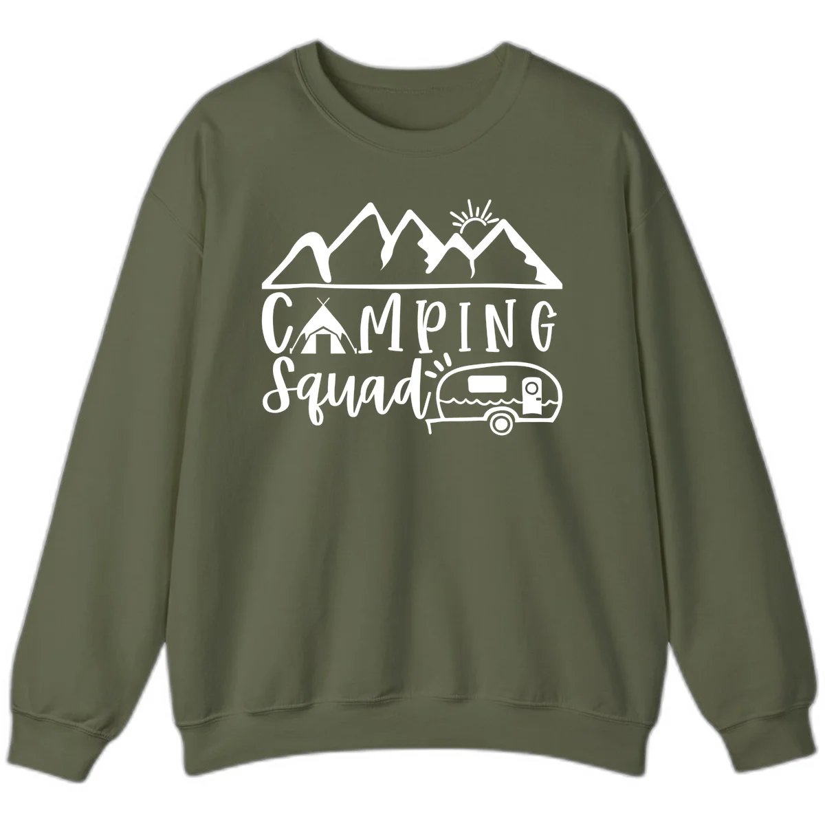 Camping squad adventure design with mountains, sun, tent, and RV trailer in white line art style on gray background in Military Green