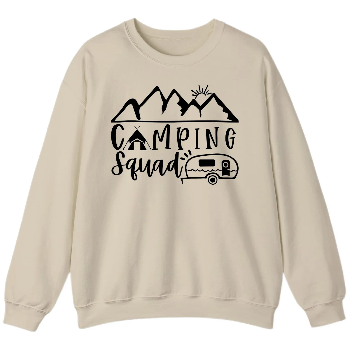 Camping squad adventure design with mountains, sun, tent, and RV trailer in white line art style on gray background in Sand