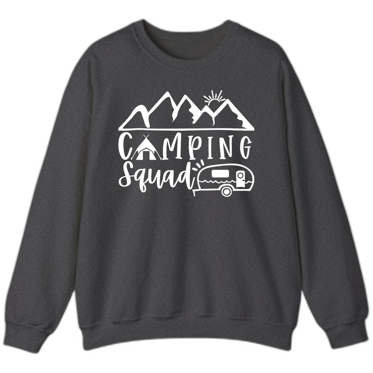 Camping squad adventure design with mountains, sun, tent, and RV trailer in white line art style on gray background in Dark Heather