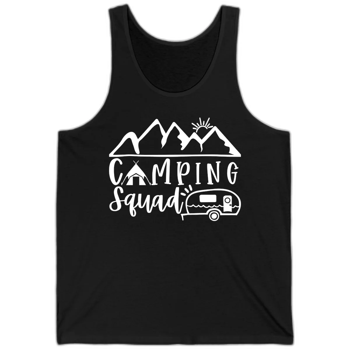 Camping squad adventure design with mountains, sun, tent, and RV trailer in white line art style on gray background in Black