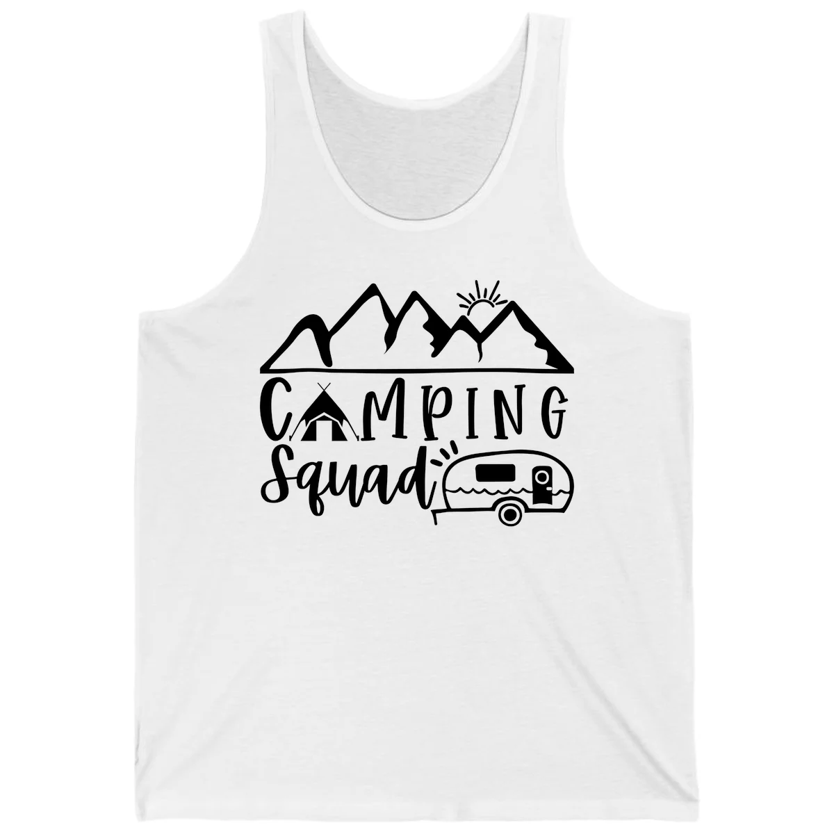 Camping squad adventure design with mountains, sun, tent, and RV trailer in white line art style on gray background in White