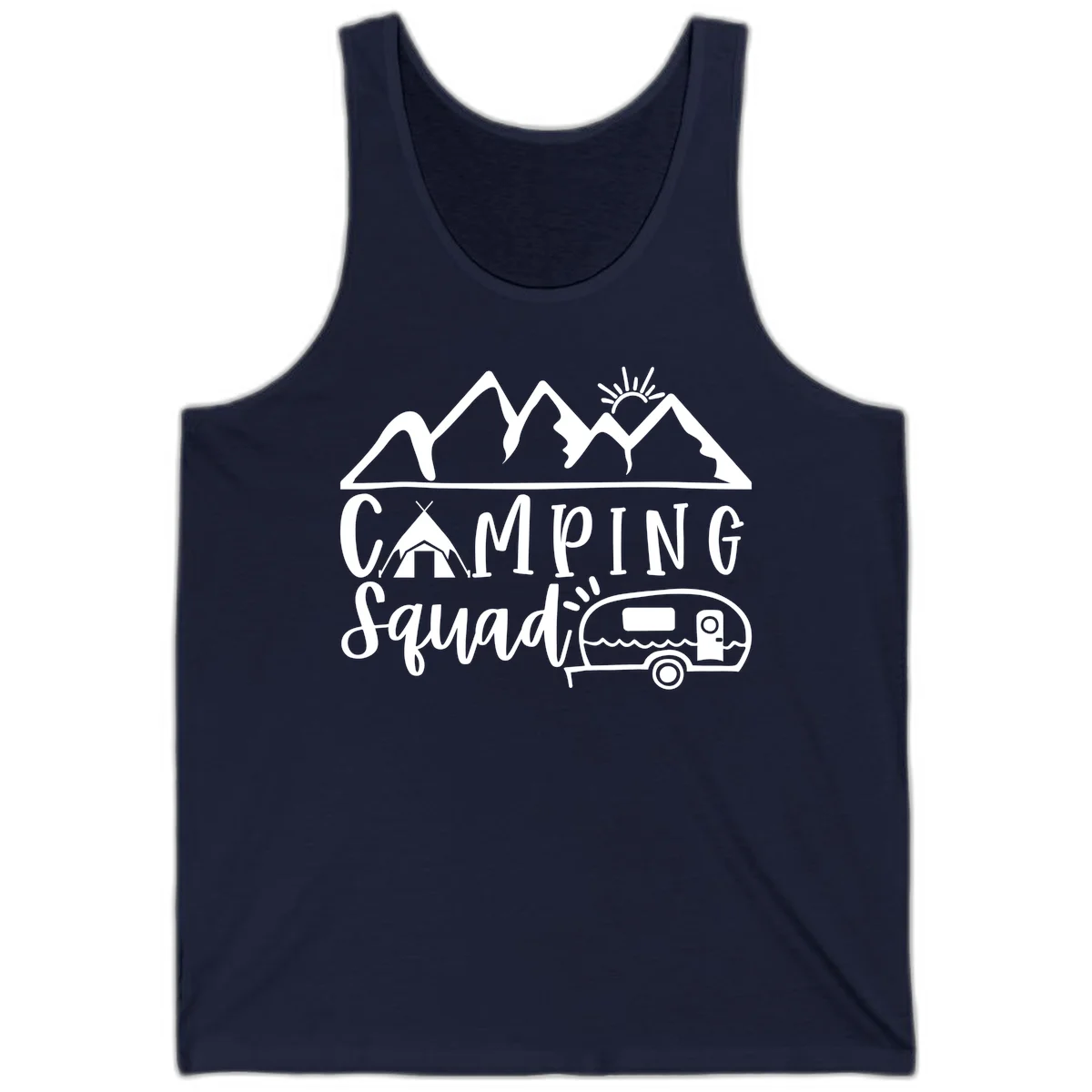 Camping squad adventure design with mountains, sun, tent, and RV trailer in white line art style on gray background in Navy