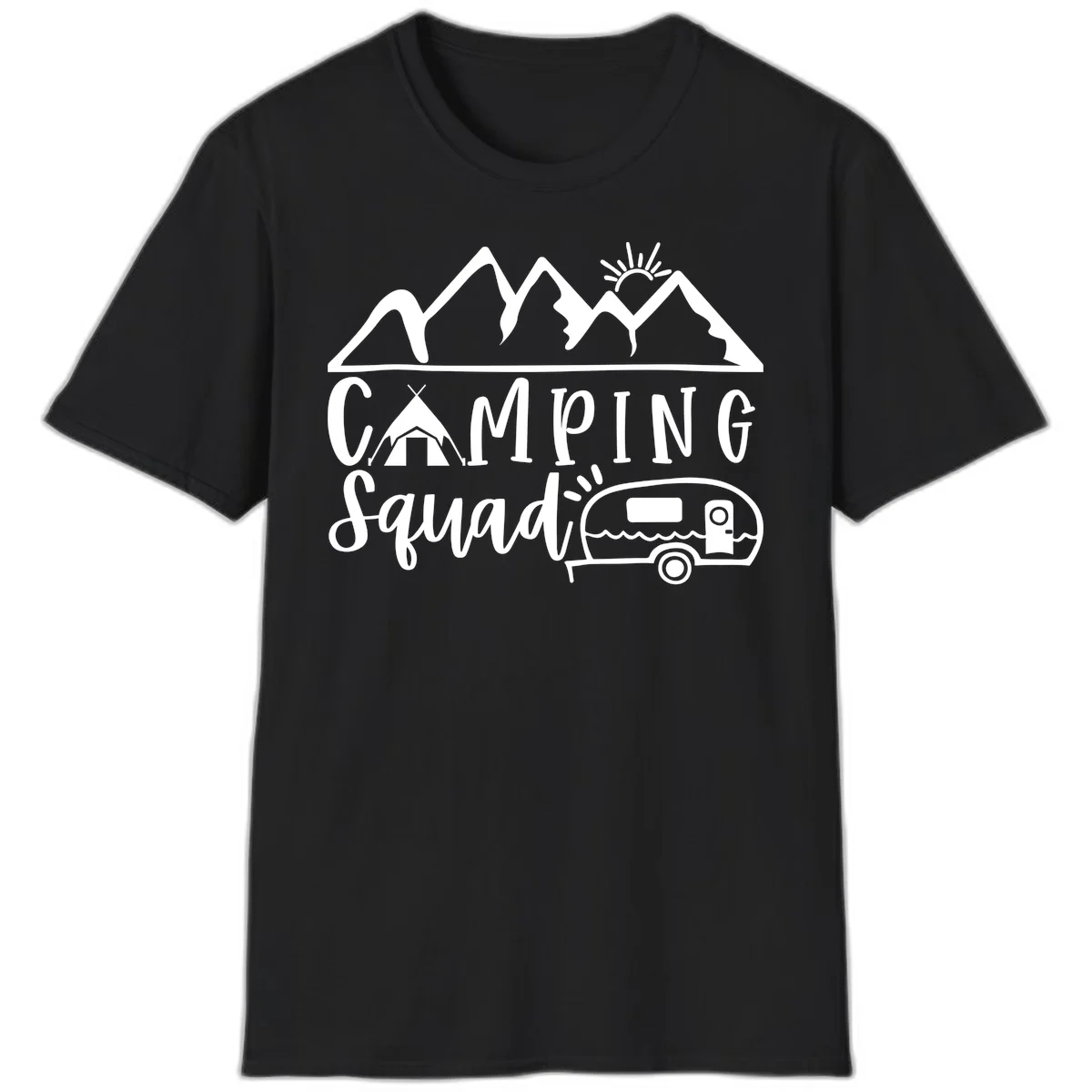Camping squad adventure design with mountains, sun, tent, and RV trailer in white line art style on gray background in Black