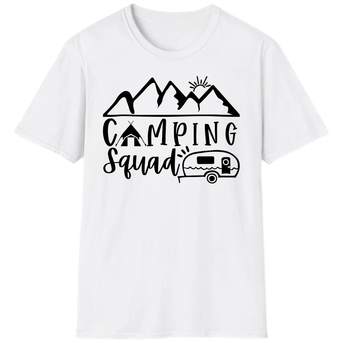 Camping squad adventure design with mountains, sun, tent, and RV trailer in white line art style on gray background in White