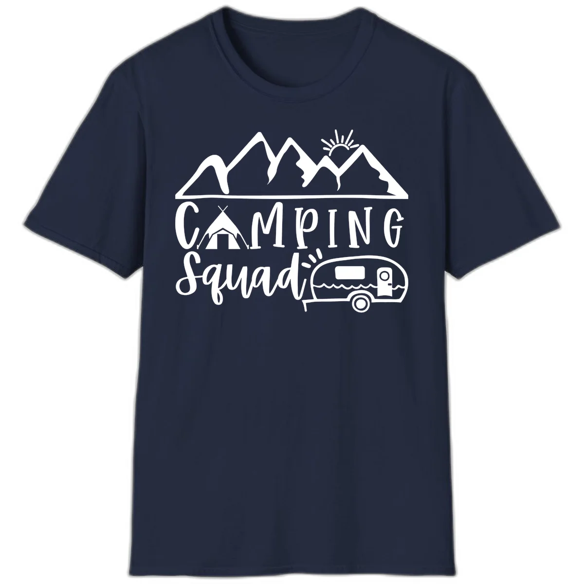 Camping squad adventure design with mountains, sun, tent, and RV trailer in white line art style on gray background in Navy