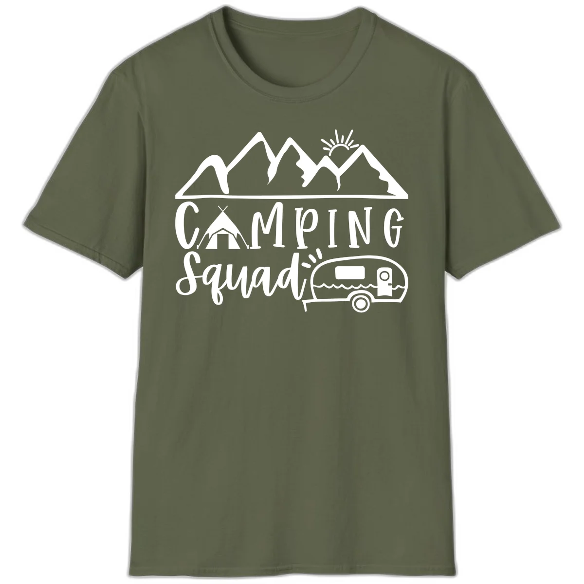 Camping squad adventure design with mountains, sun, tent, and RV trailer in white line art style on gray background in Military Green