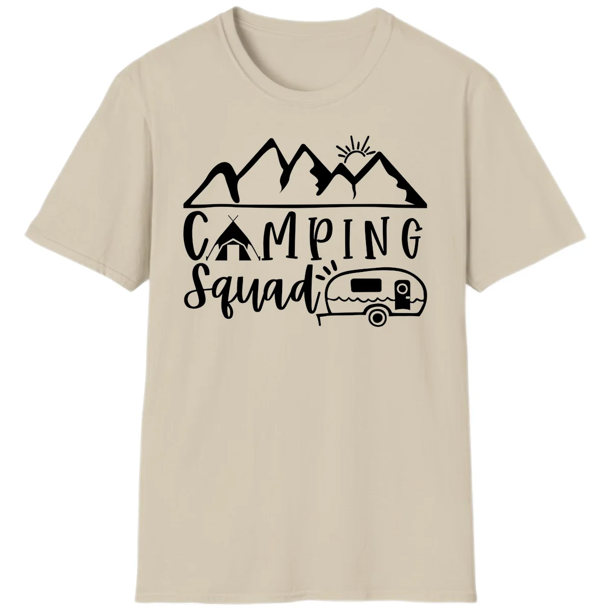 Camping squad adventure design with mountains, sun, tent, and RV trailer in white line art style on gray background in Sand