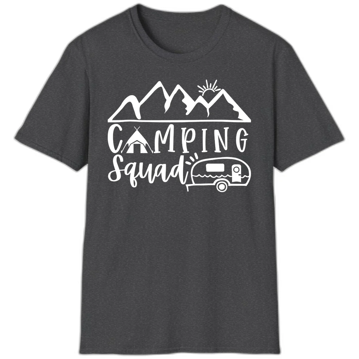 Camping squad adventure design with mountains, sun, tent, and RV trailer in white line art style on gray background in Dark Heather
