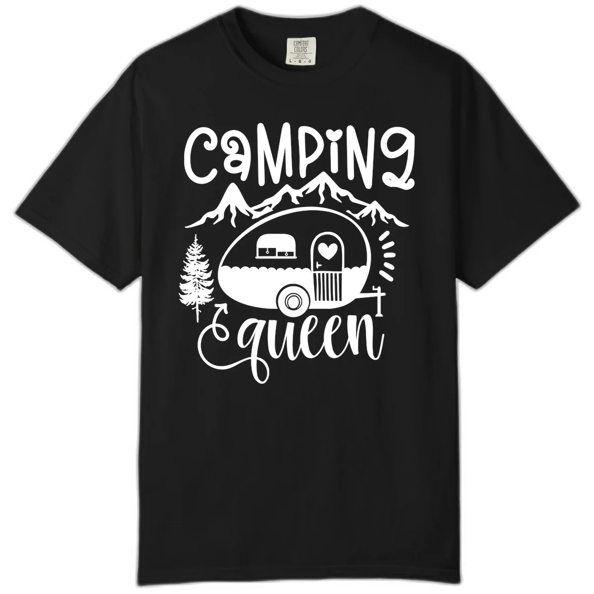 Retro illustration of a vintage Airstream trailer with a heart on the door, surrounded by mountains, trees, and campfire with 'Camping Queen' text in Black