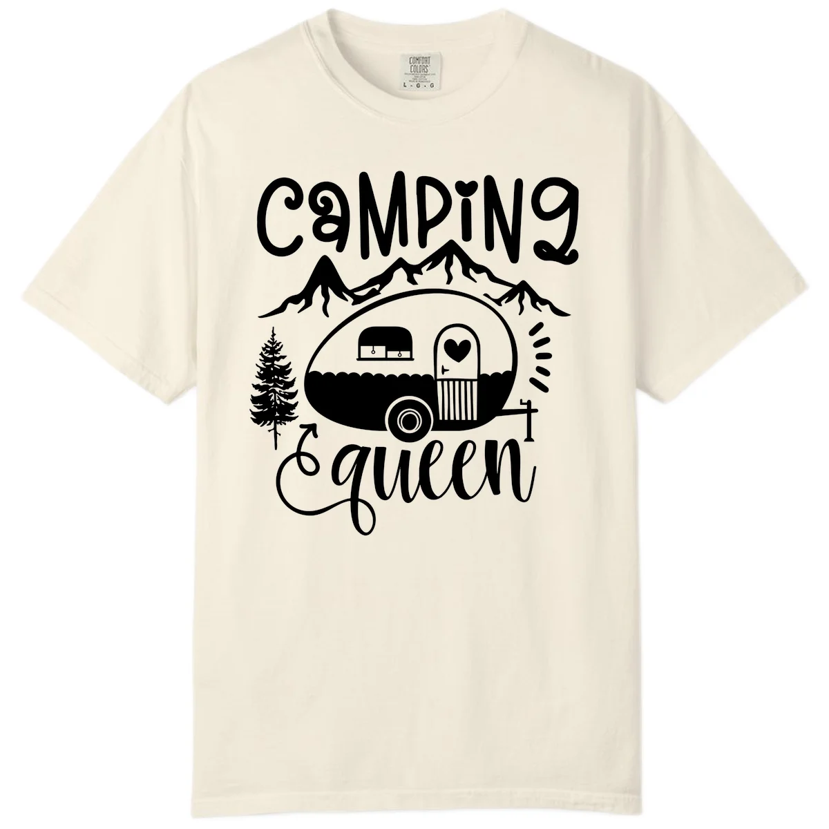 Retro illustration of a vintage Airstream trailer with a heart on the door, surrounded by mountains, trees, and campfire with 'Camping Queen' text in Ivory