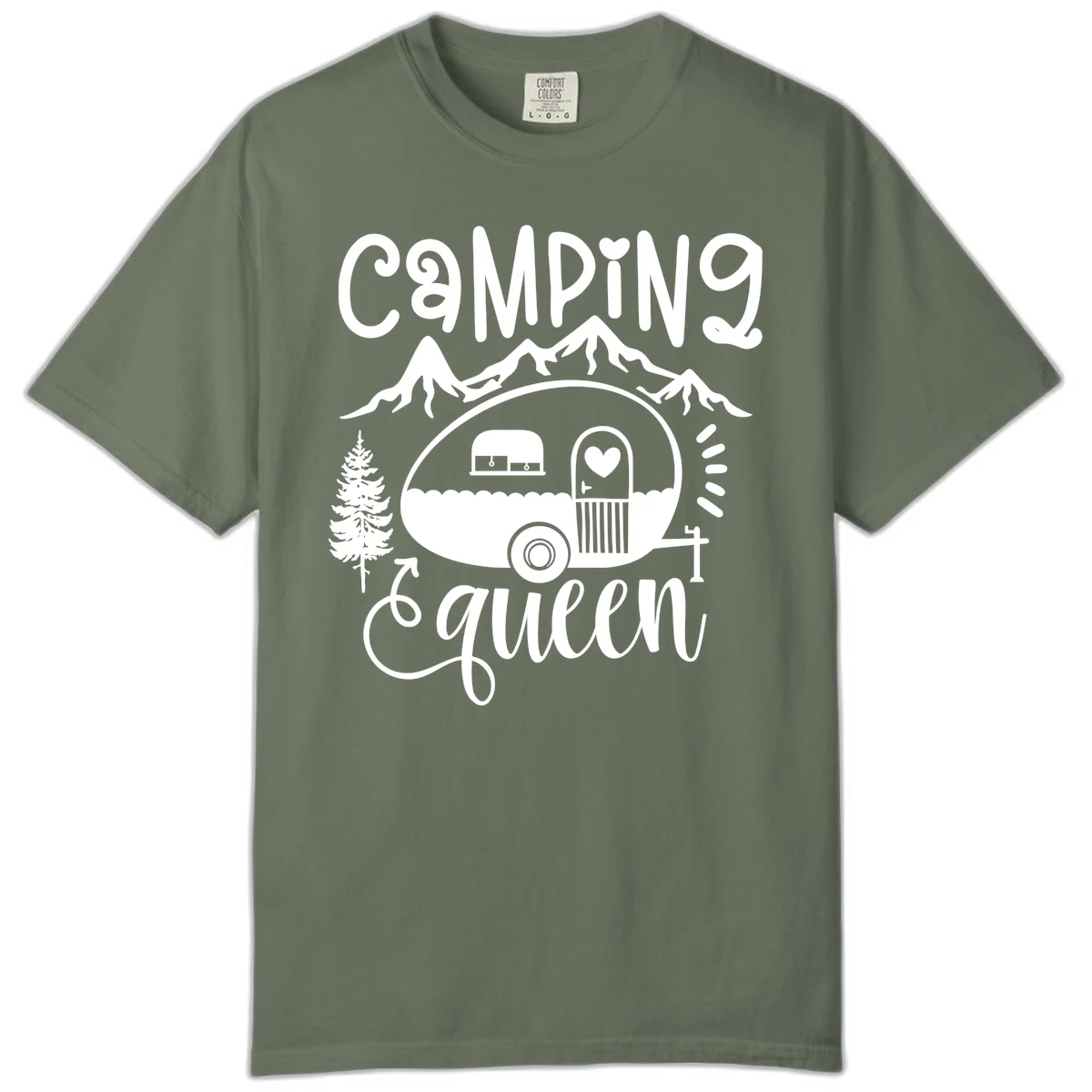 Retro illustration of a vintage Airstream trailer with a heart on the door, surrounded by mountains, trees, and campfire with 'Camping Queen' text in Moss
