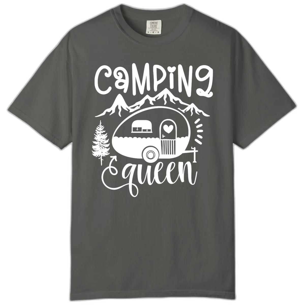 Retro illustration of a vintage Airstream trailer with a heart on the door, surrounded by mountains, trees, and campfire with 'Camping Queen' text in Pepper