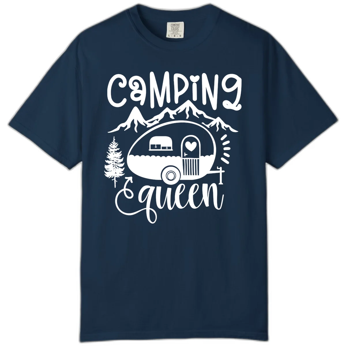 Retro illustration of a vintage Airstream trailer with a heart on the door, surrounded by mountains, trees, and campfire with 'Camping Queen' text in True Navy