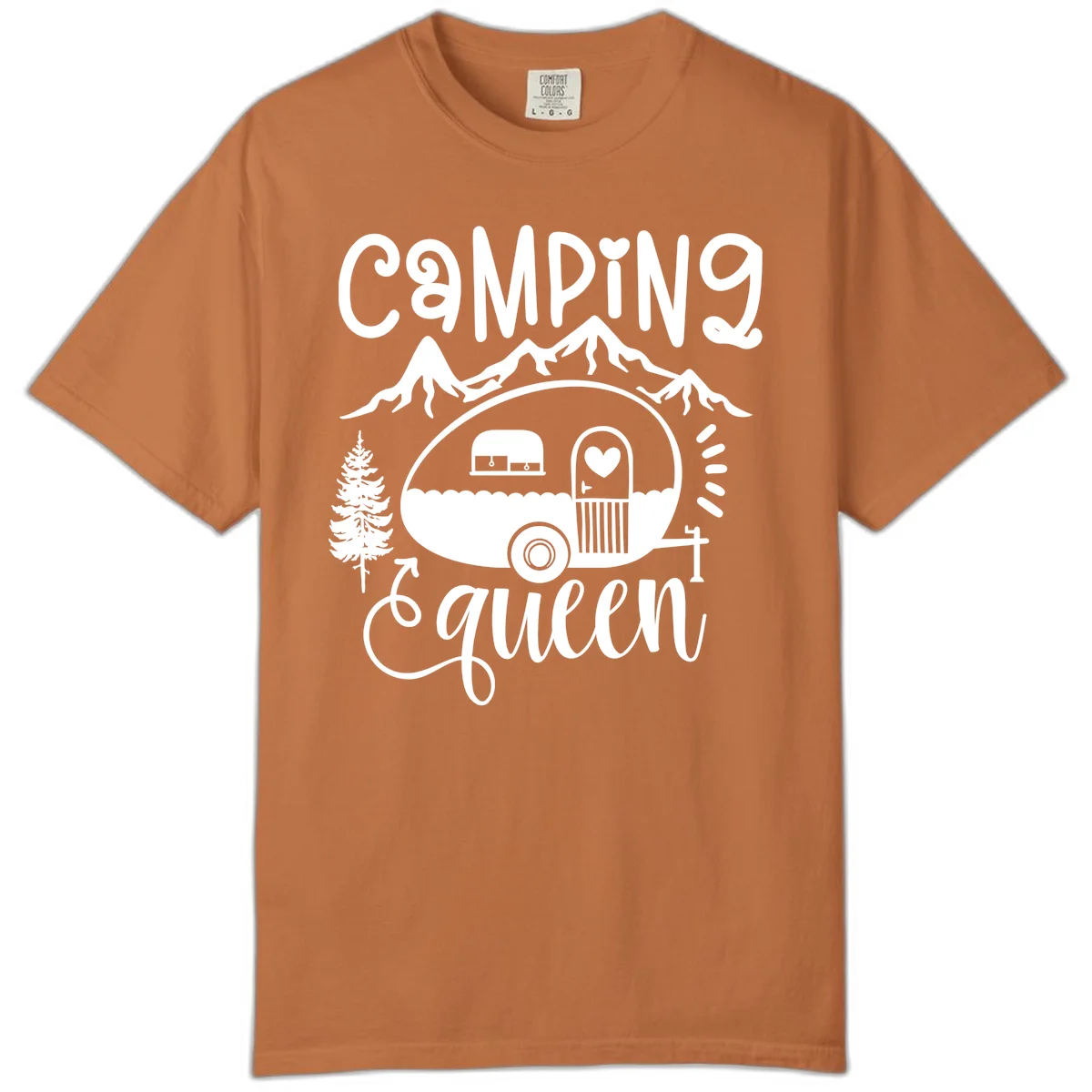 Retro illustration of a vintage Airstream trailer with a heart on the door, surrounded by mountains, trees, and campfire with 'Camping Queen' text in Yam
