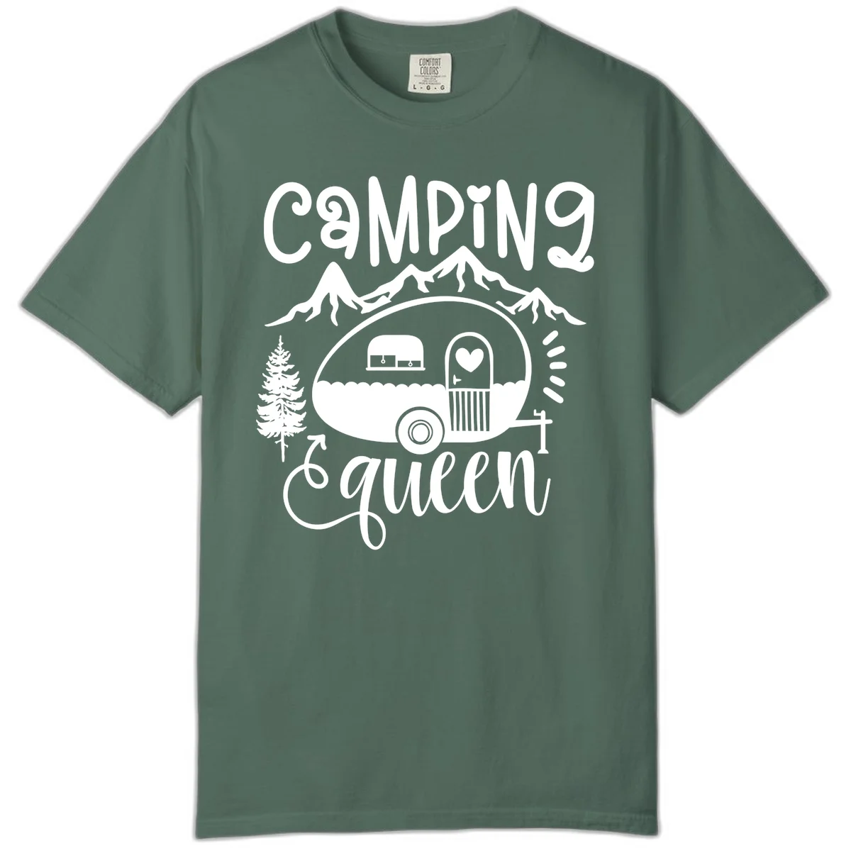 Retro illustration of a vintage Airstream trailer with a heart on the door, surrounded by mountains, trees, and campfire with 'Camping Queen' text in Blue Spruce