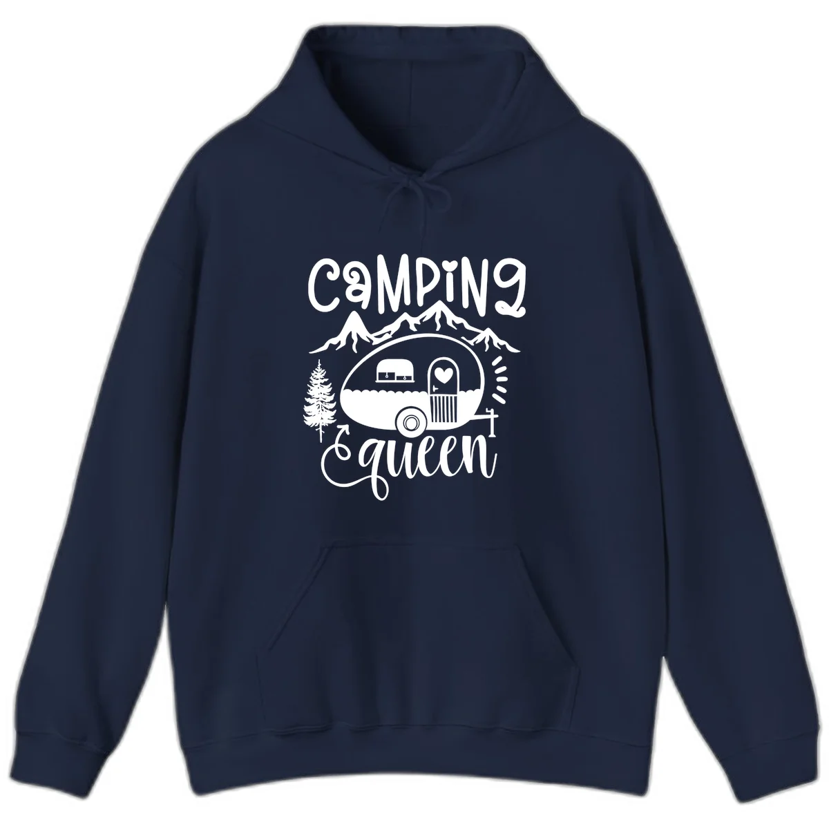Retro illustration of a vintage Airstream trailer with a heart on the door, surrounded by mountains, trees, and campfire with 'Camping Queen' text in Navy