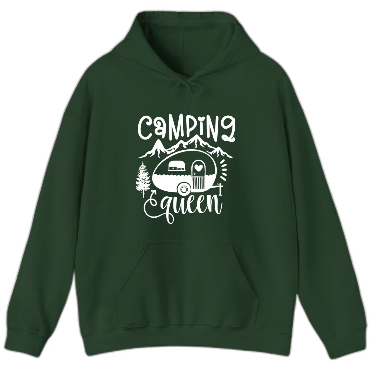Retro illustration of a vintage Airstream trailer with a heart on the door, surrounded by mountains, trees, and campfire with 'Camping Queen' text in Forest Green