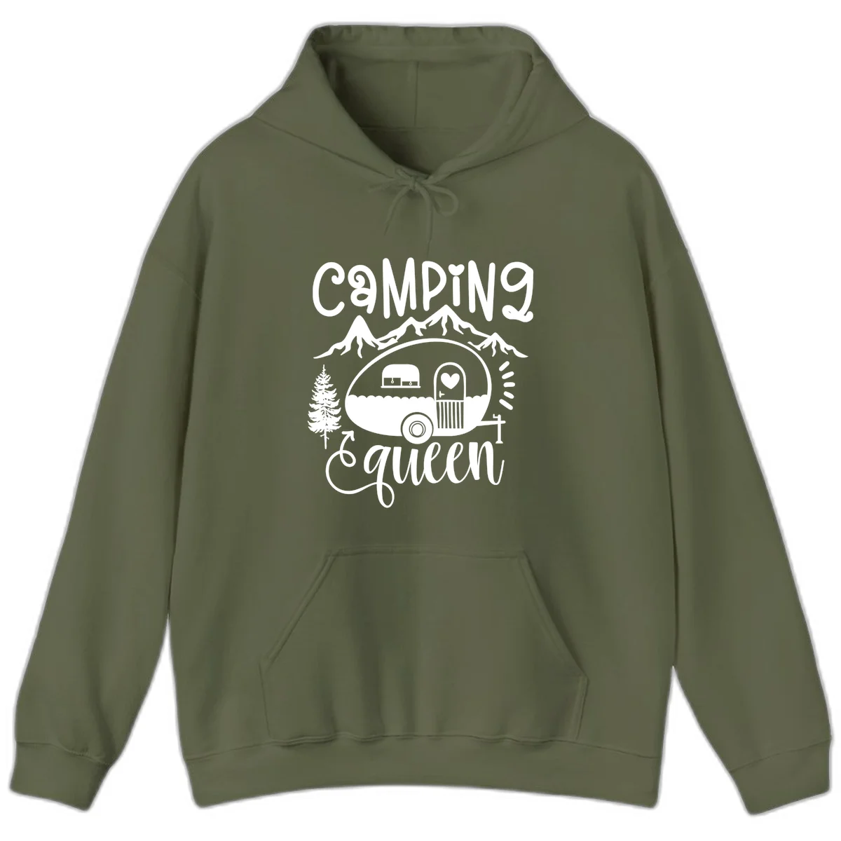 Retro illustration of a vintage Airstream trailer with a heart on the door, surrounded by mountains, trees, and campfire with 'Camping Queen' text in Military Green