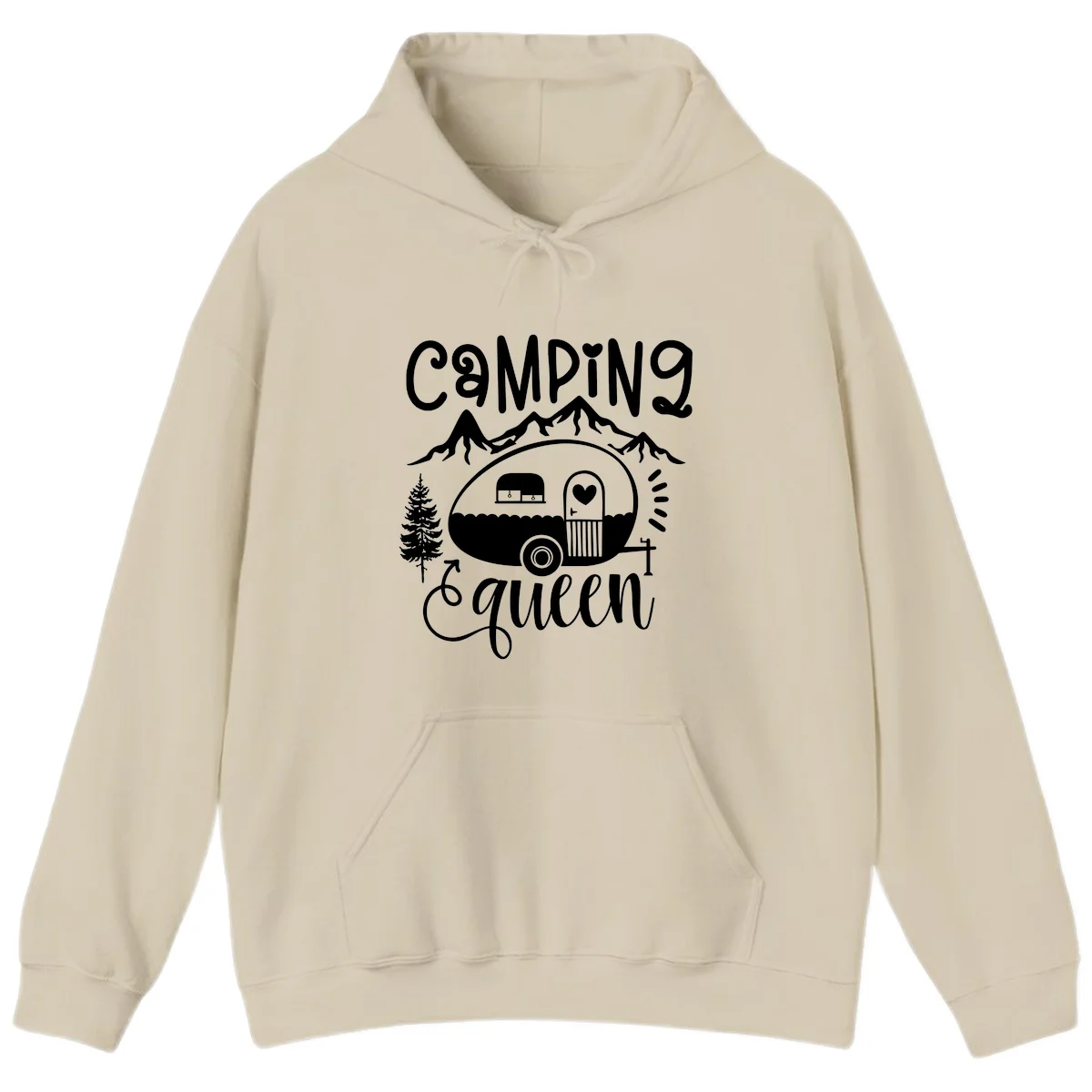 Retro illustration of a vintage Airstream trailer with a heart on the door, surrounded by mountains, trees, and campfire with 'Camping Queen' text in Sand