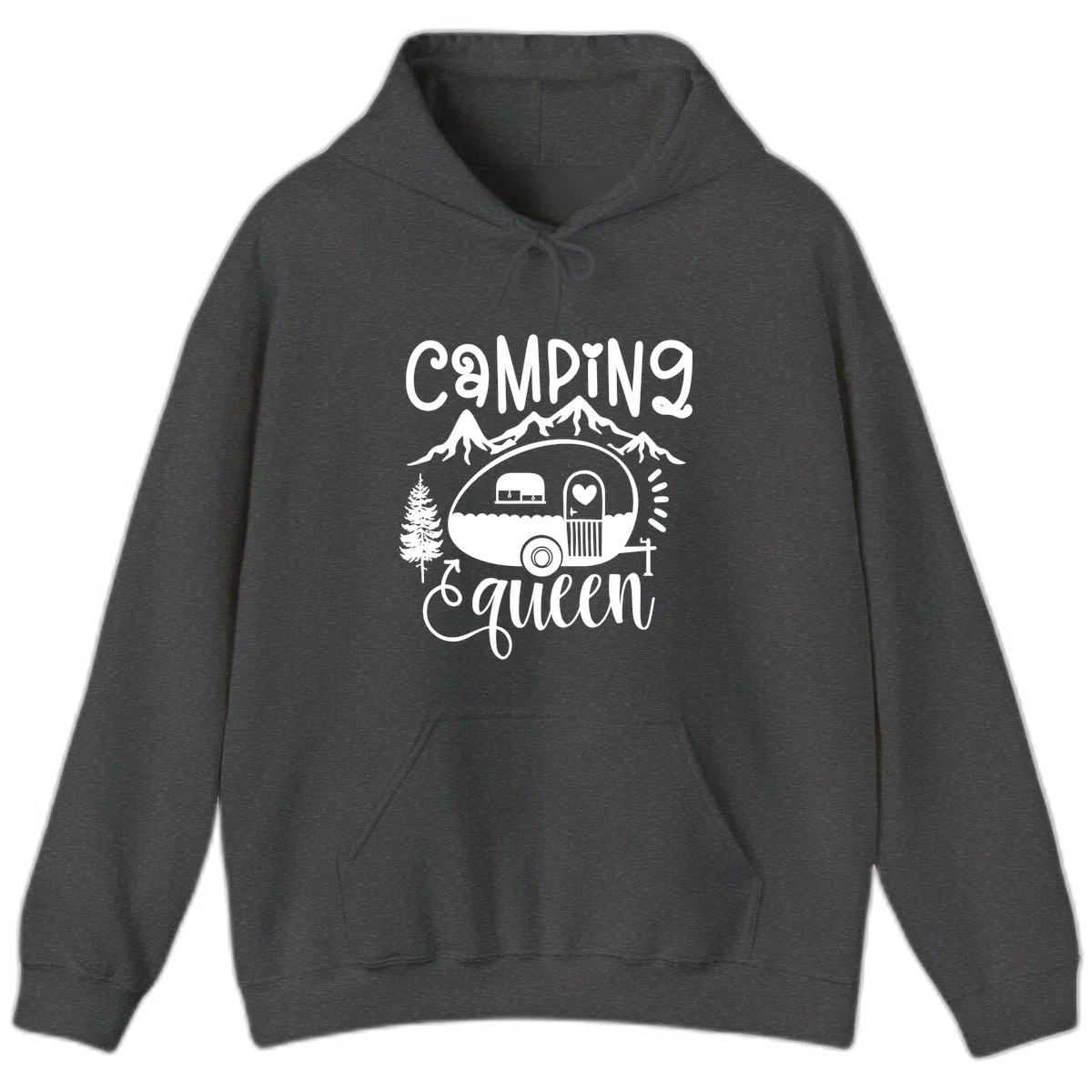 Retro illustration of a vintage Airstream trailer with a heart on the door, surrounded by mountains, trees, and campfire with 'Camping Queen' text in Dark Heather