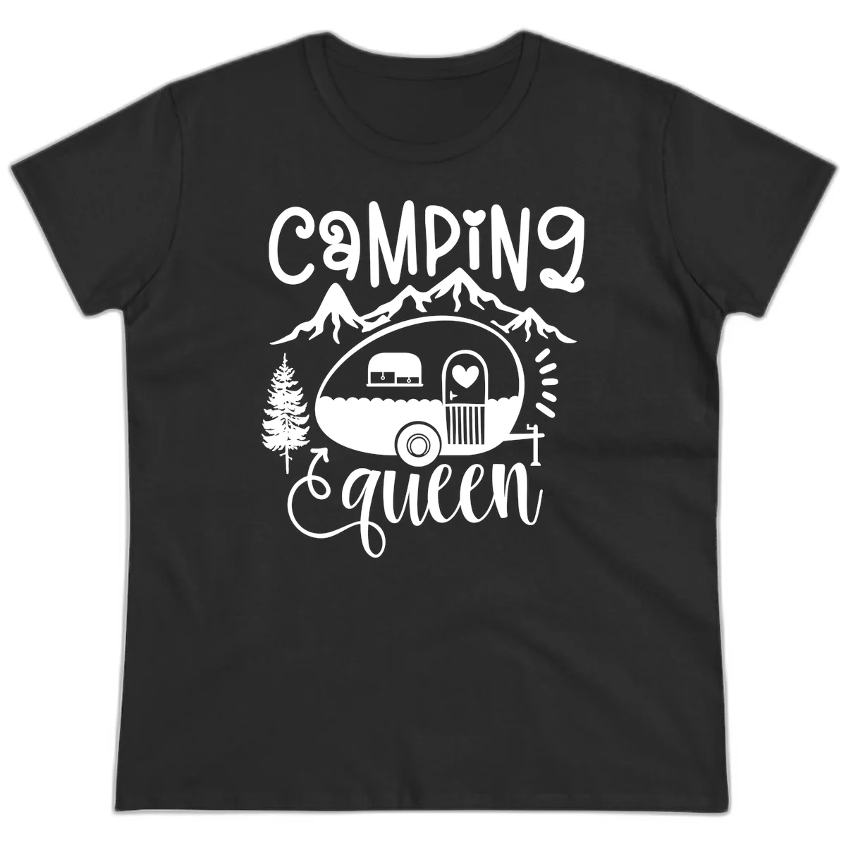 Retro illustration of a vintage Airstream trailer with a heart on the door, surrounded by mountains, trees, and campfire with 'Camping Queen' text in Black