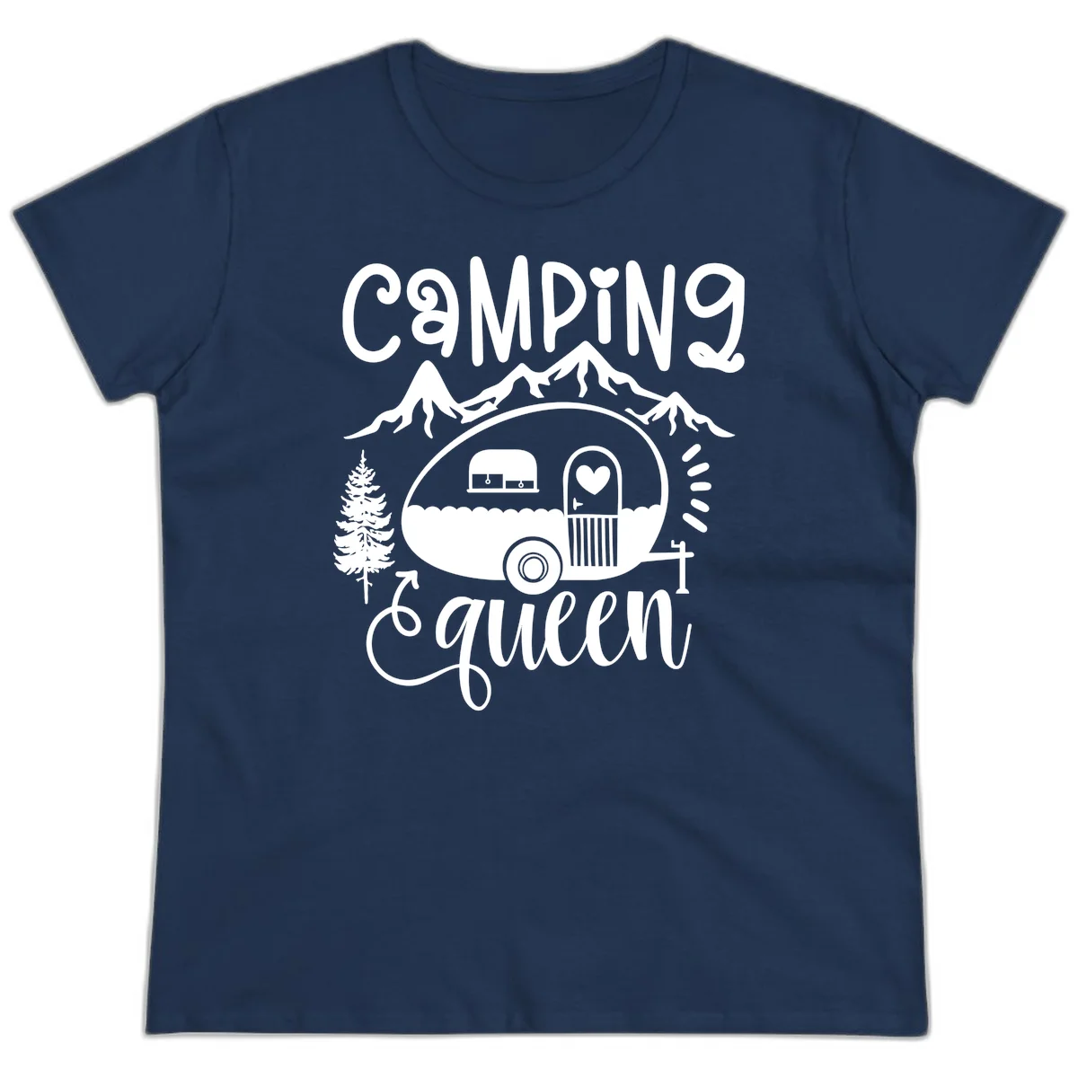 Retro illustration of a vintage Airstream trailer with a heart on the door, surrounded by mountains, trees, and campfire with 'Camping Queen' text in Navy